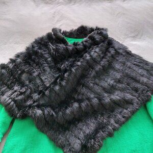Genuine Knitted Rabbit Fur Shawl / Poncho – Black, Free Size, Luxury Wrap